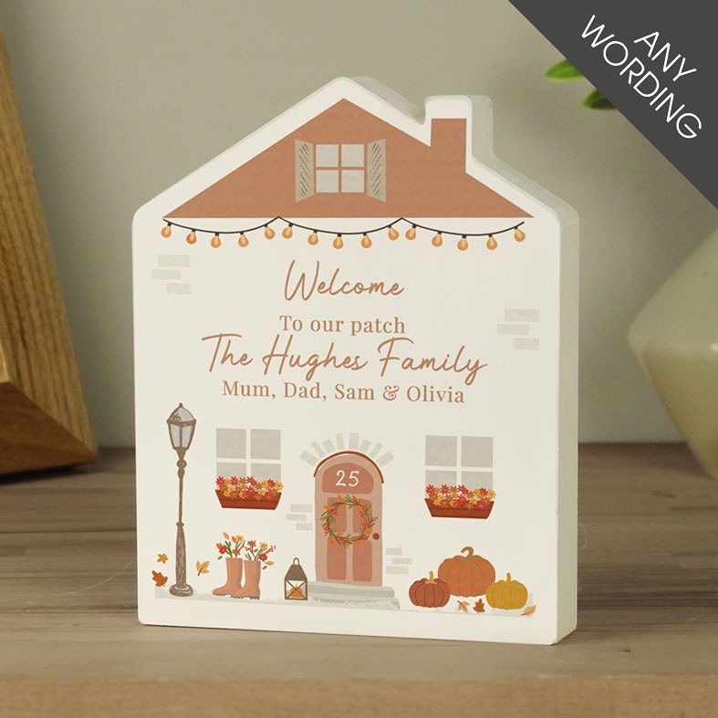 Personalised Wooden Autumn House Decor | freestanding decorative ornament, rustic style, ideal gift for autumn or Halloween
