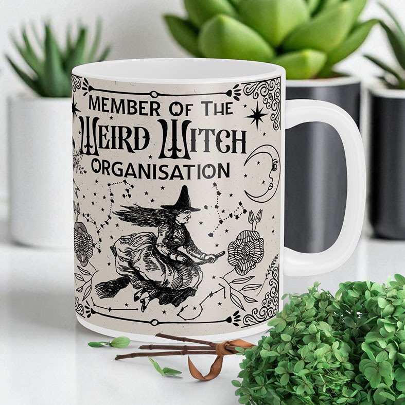 Personalised Weird Witch Organisation Mug | Halloween style beige mug with black vintage illustrations
