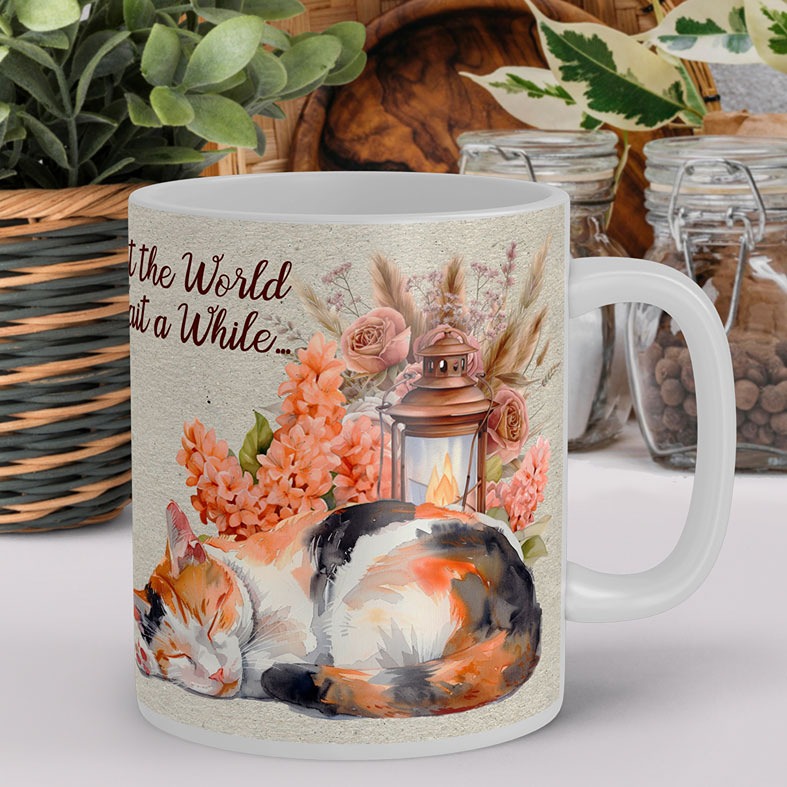 Personalised Let the World Wait Cat Mug | watercolour illustrations, floral design mug featuring a sleeping cat on one side and a floral teacup on the reverse