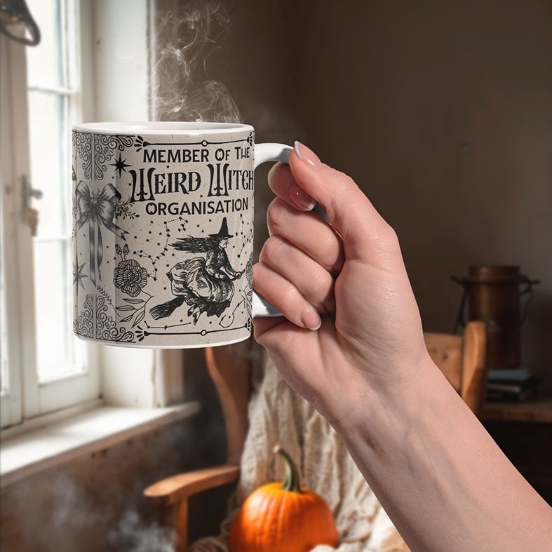 Personalised Weird Witch Organisation Mug | Halloween style beige mug with black vintage illustrations