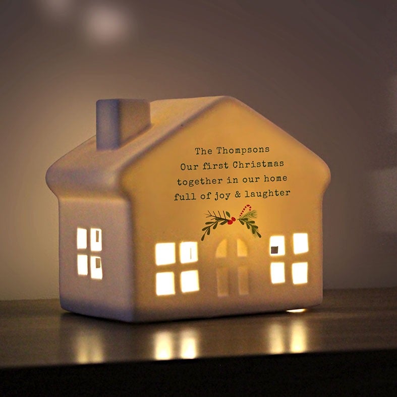 Personalised White Ceramic Christmas LED House Light | Personalised Christmas Decoration, Battery Operated