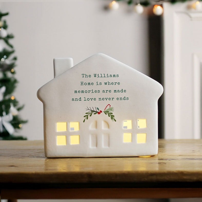 Personalised White Ceramic Christmas LED House Light | Personalised Christmas Decoration, Battery Operated