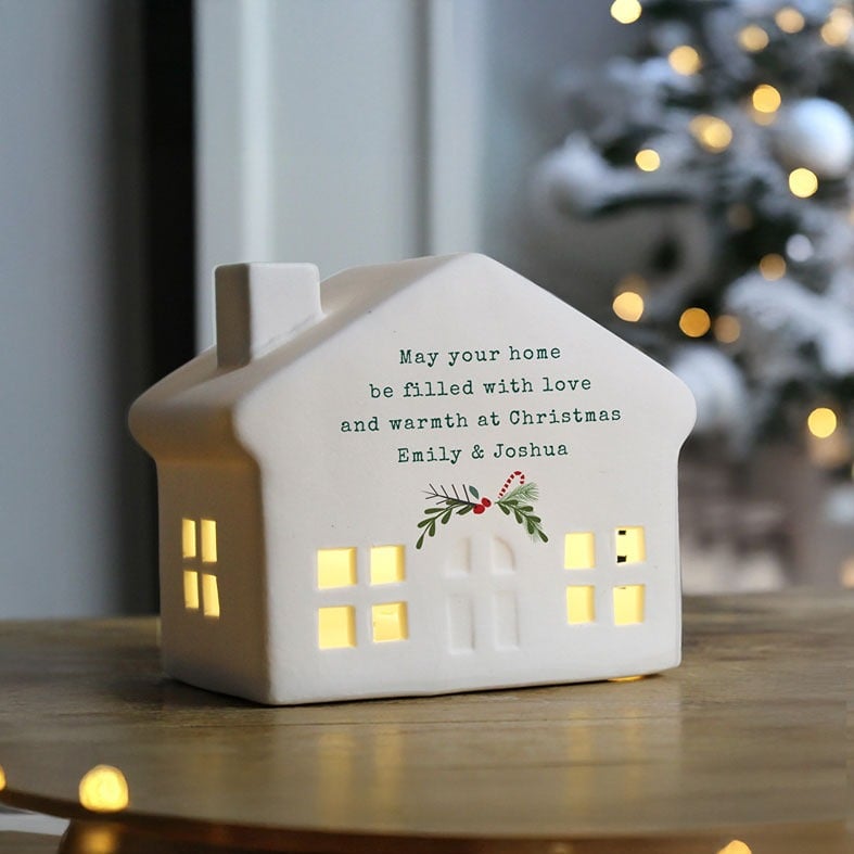 Personalised White Ceramic Christmas LED House Light | Personalised Christmas Decoration, Battery Operated