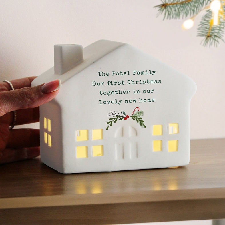 Personalised White Ceramic Christmas LED House Light | Personalised Christmas Decoration, Battery Operated