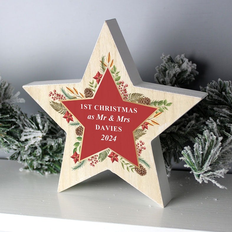 Personalised Christmas Wreath Wooden Star Ornament - freestanding wood decoration, customised Christmas gift ide