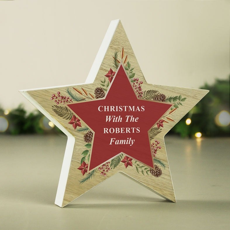 Personalised Christmas Wreath Wooden Star Ornament - freestanding wood decoration, customised Christmas gift ide