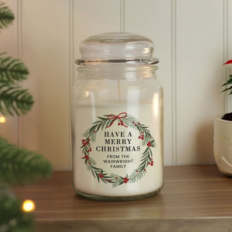 Personalised Christmas Wreath Large Candle Jar with customised wording and names - perfect Christmas present and cosy festive decoration