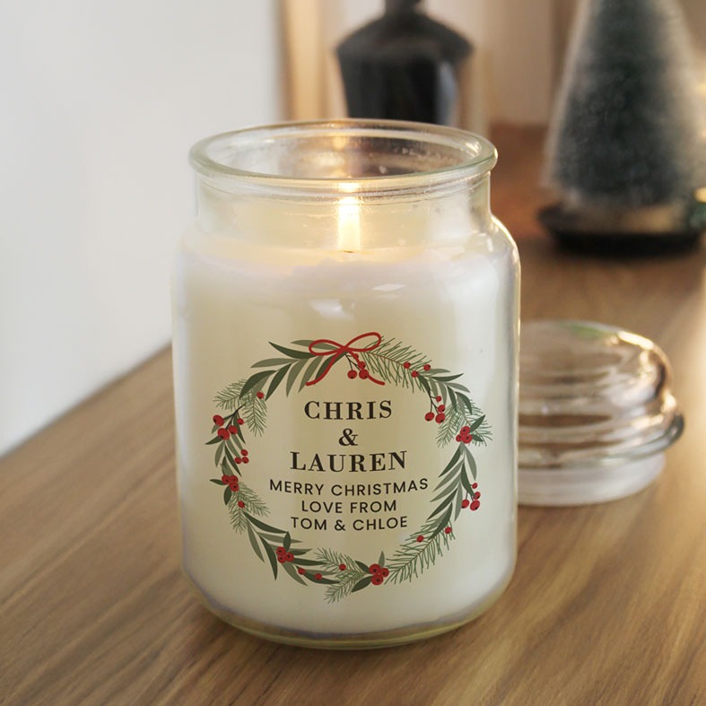 Personalised Christmas Wreath Large Candle Jar with customised wording and names - perfect Christmas present and cosy festive decoration