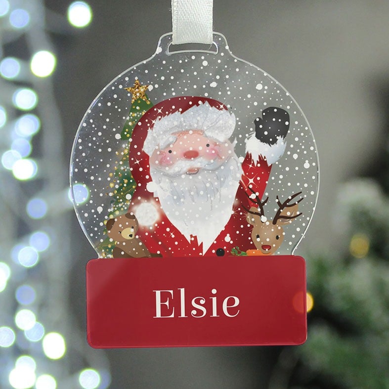 Personalised Santa Snowglobe Christmas Decoration - custom made Santa ornament with any name, gift boxed and strung with ribbon, unique Christmas gift idea