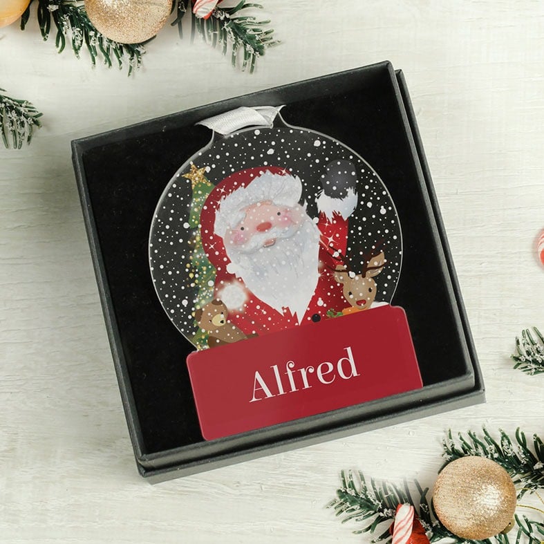 Personalised Santa Snowglobe Christmas Decoration - custom made Santa ornament with any name, gift boxed and strung with ribbon, unique Christmas gift idea