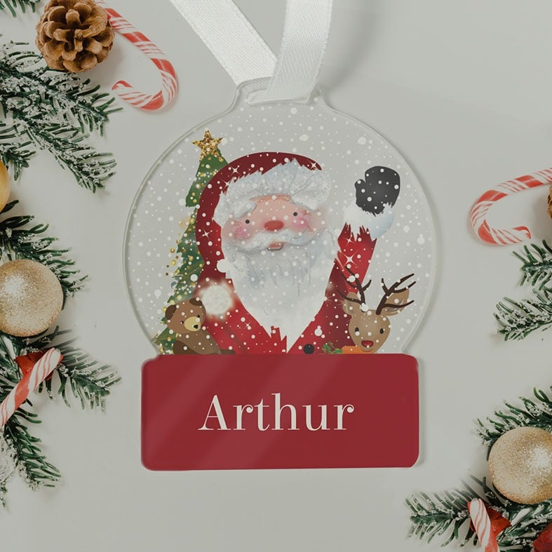 Personalised Santa Snowglobe Christmas Decoration - custom made Santa ornament with any name, gift boxed and strung with ribbon, unique Christmas gift idea