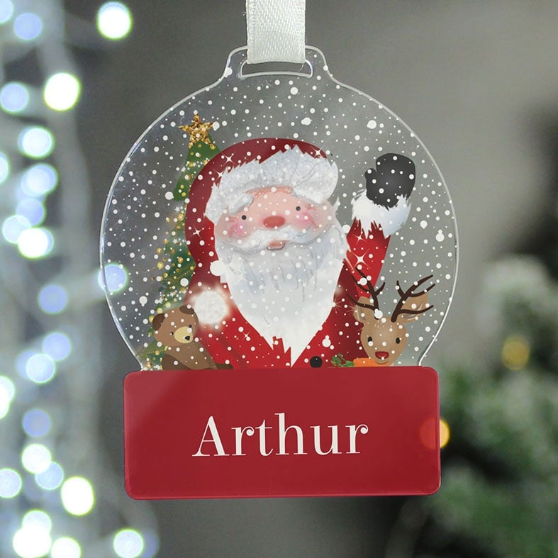 Personalised Santa Snowglobe Christmas Decoration - custom made Santa ornament with any name, gift boxed and strung with ribbon, unique Christmas gift idea