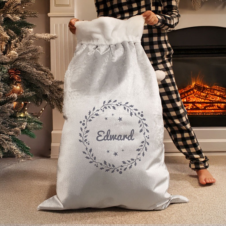 Personalised Grey Holly Velvet Christmas Sack | PhotoFairytales