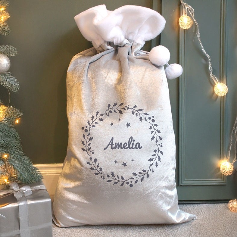 Personalised Grey Holly Velvet Christmas Sack | PhotoFairytales