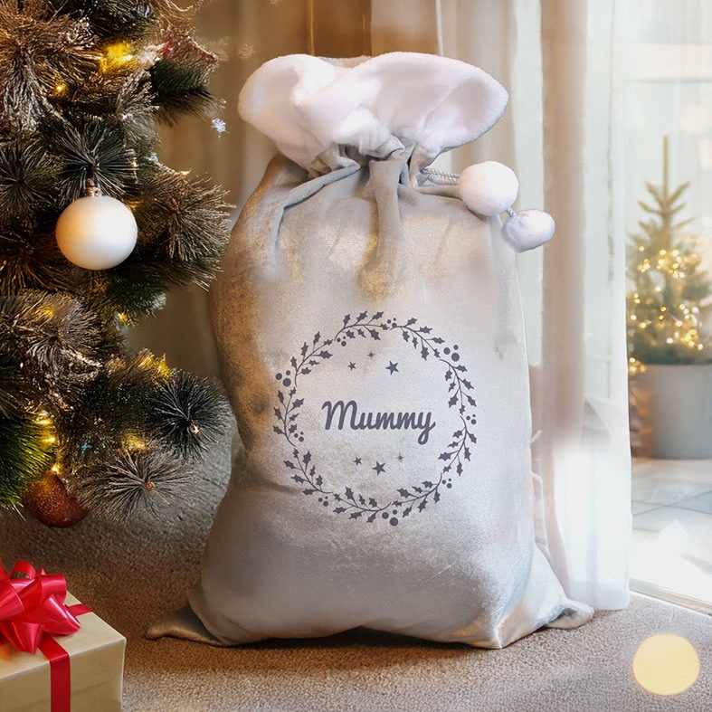 Personalised Grey Holly Velvet Christmas Sack | PhotoFairytales