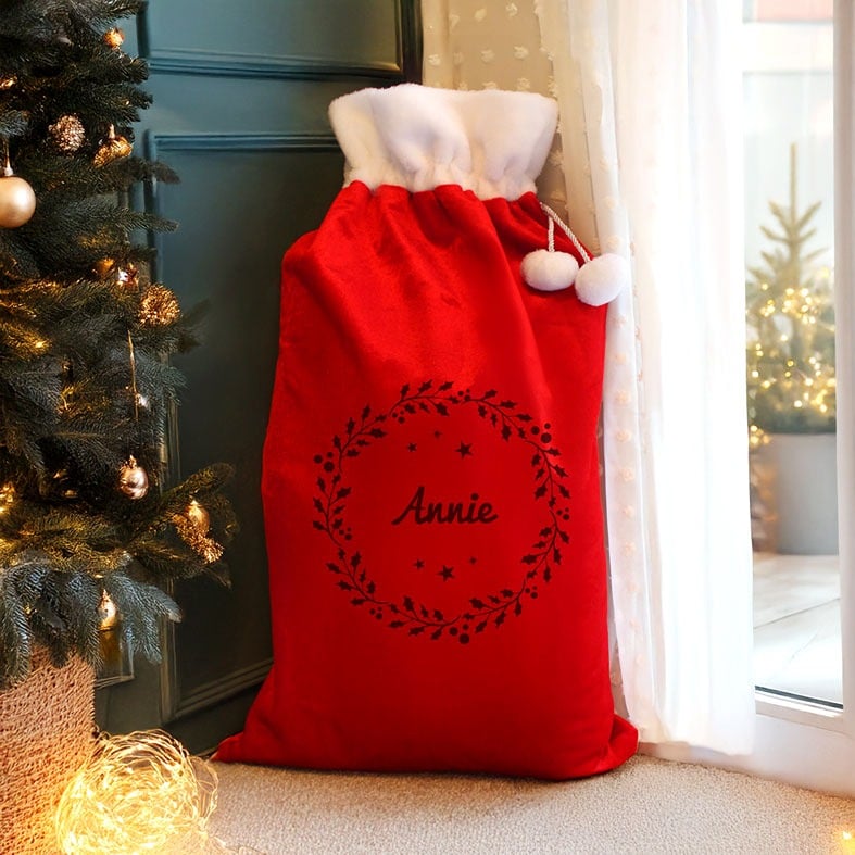 Personalised Red Holly Velvet Christmas Sack | PhotoFairytales