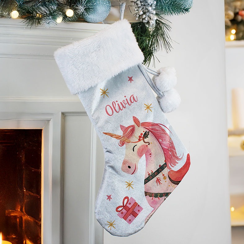 Personalised Unicorn Plush Christmas Stocking | Soft silver grey and pink with fluffy white pompoms, personalised with your name