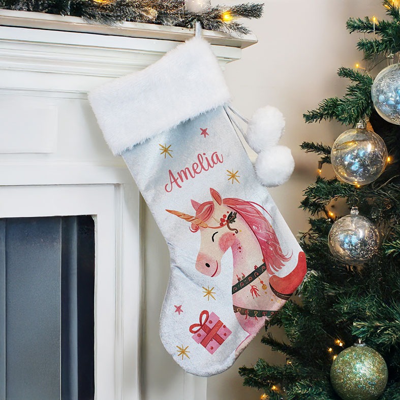 Personalised Unicorn Plush Christmas Stocking | Soft silver grey and pink with fluffy white pompoms, personalised with your name