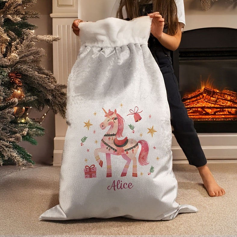 Personalised Unicorn Plush Christmas Sack | Soft silver grey and pink with fluffy white pompoms, personalised with your name