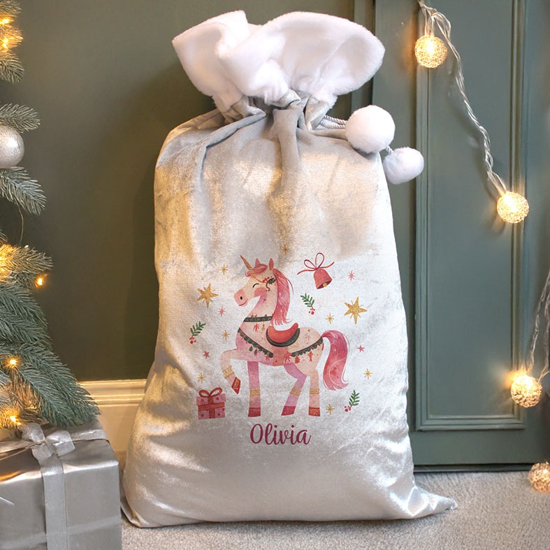 Personalised Unicorn Plush Christmas Sack | Soft silver grey and pink with fluffy white pompoms, personalised with your name