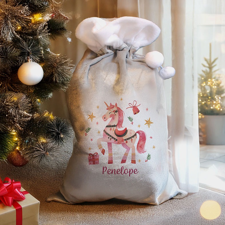 Personalised Unicorn Plush Christmas Sack | Soft silver grey and pink with fluffy white pompoms, personalised with your name