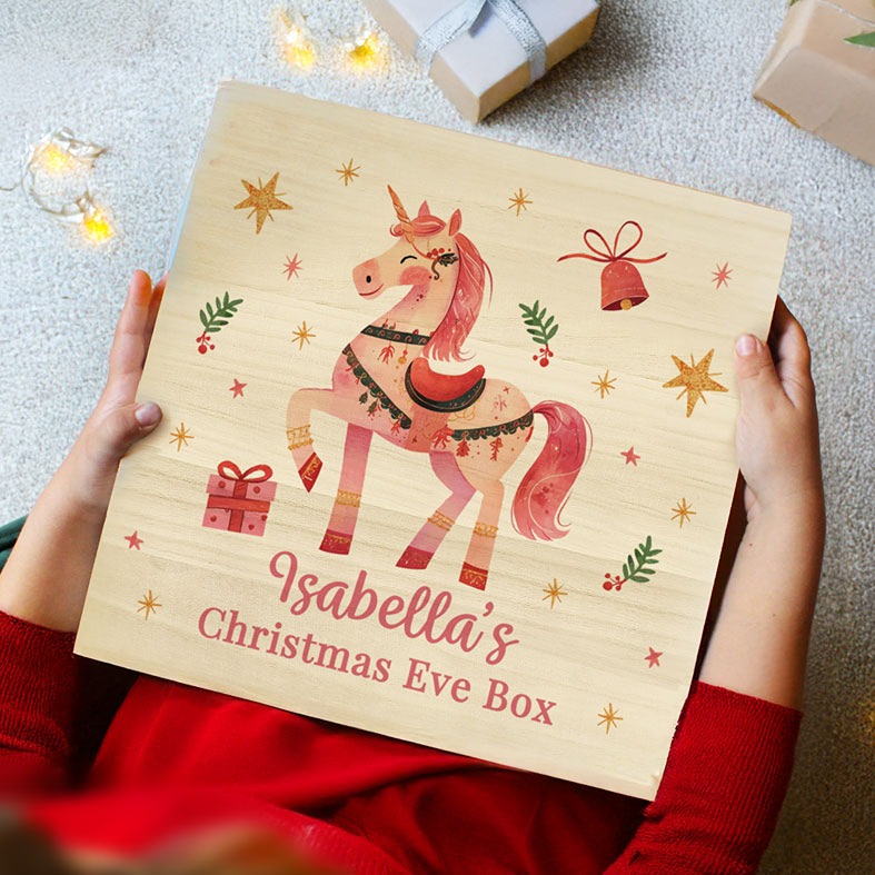 Personalised Wooden Unicorn Christmas Eve box with your name â€“ wooden keepsake gift for Santa gifts and festive treats