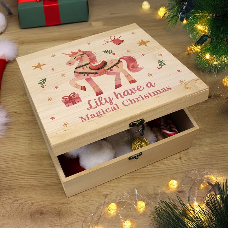 Personalised Wooden Unicorn Christmas Eve box with your name â€“ wooden keepsake gift for Santa gifts and festive treats