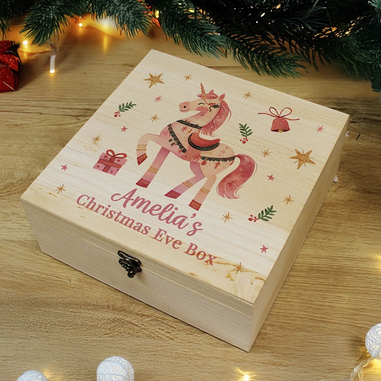 Personalised Wooden Unicorn Christmas Eve box with your name â€“ wooden keepsake gift for Santa gifts and festive treats