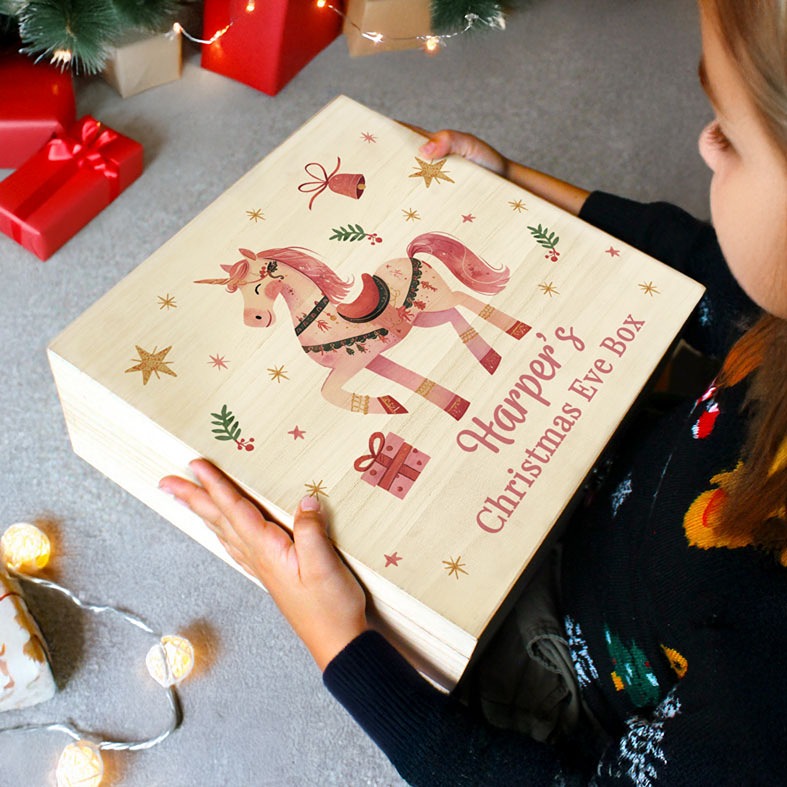 Personalised Wooden Unicorn Christmas Eve box with your name â€“ wooden keepsake gift for Santa gifts and festive treats