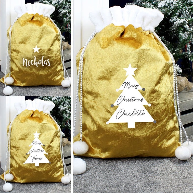 Personalised Gold Pompom Christmas Sack with name - soft velvety fleece santa sacks, choice of designs