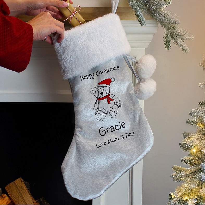 Personalised Plush Gold Christmas Sack | with fluffy white pompoms, personalised with your name, choice of designs