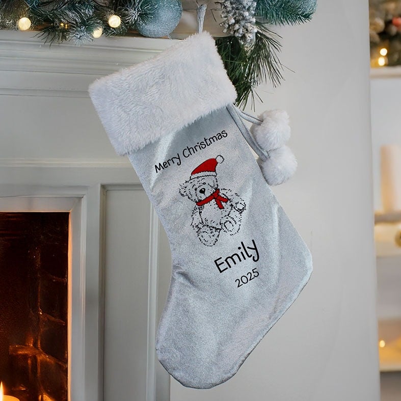 Personalised Teddy Christmas Stocking with name - perfect for baby's first Christmas, soft velvety fleece stocking