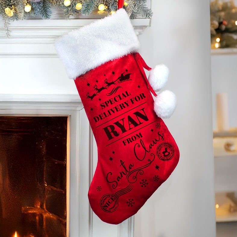 Personalised Special Delivery Christmas Stocking | soft red Santa Stocking with fluffy white pompoms, traditional design personalised with your name
