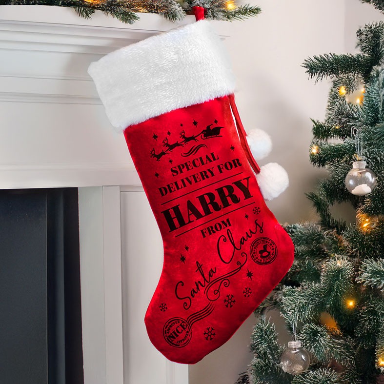 Personalised Special Delivery Christmas Stocking | soft red Santa Stocking with fluffy white pompoms, traditional design personalised with your name