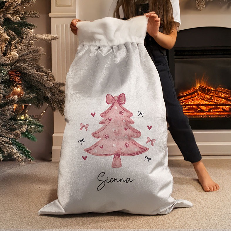 Personalised Pink Bow Christmas Sack | plush velvety pale grey Santa sack with fluffy white pompoms, personalised with your name