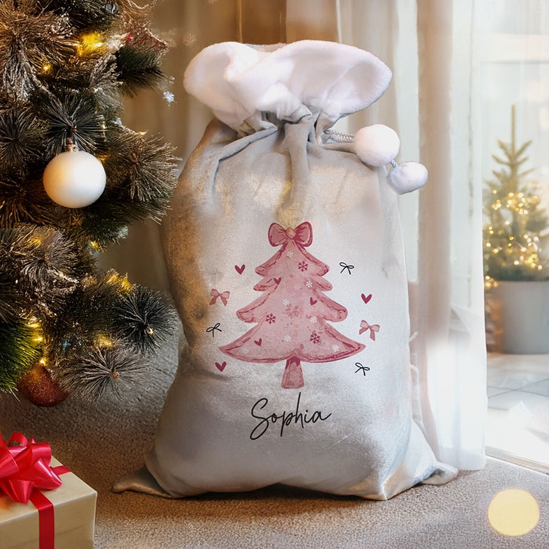 Personalised Pink Bow Christmas Sack | plush velvety pale grey Santa sack with fluffy white pompoms, personalised with your name