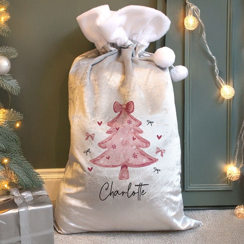 Personalised Pink Bow Christmas Sack â custom name soft grey fleece festive santa sack with pompoms