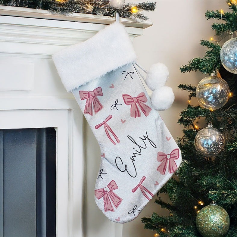 Personalised Pink Bow Christmas Stocking â custom name soft grey fleece festive santa stocking with pompoms
