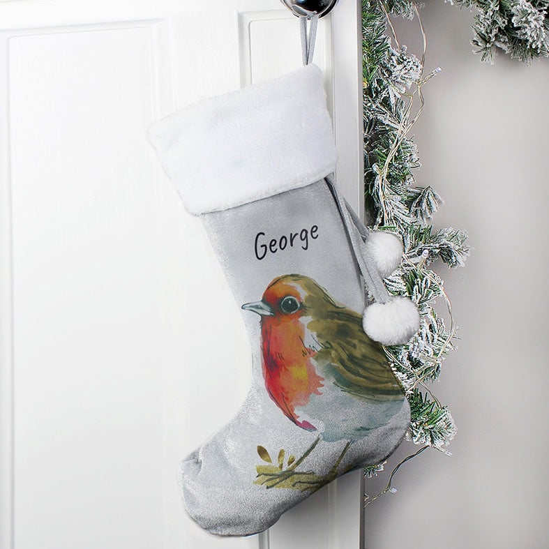 Personalised Robin Christmas Stocking â custom name soft grey fleece festive santa stocking with pompoms