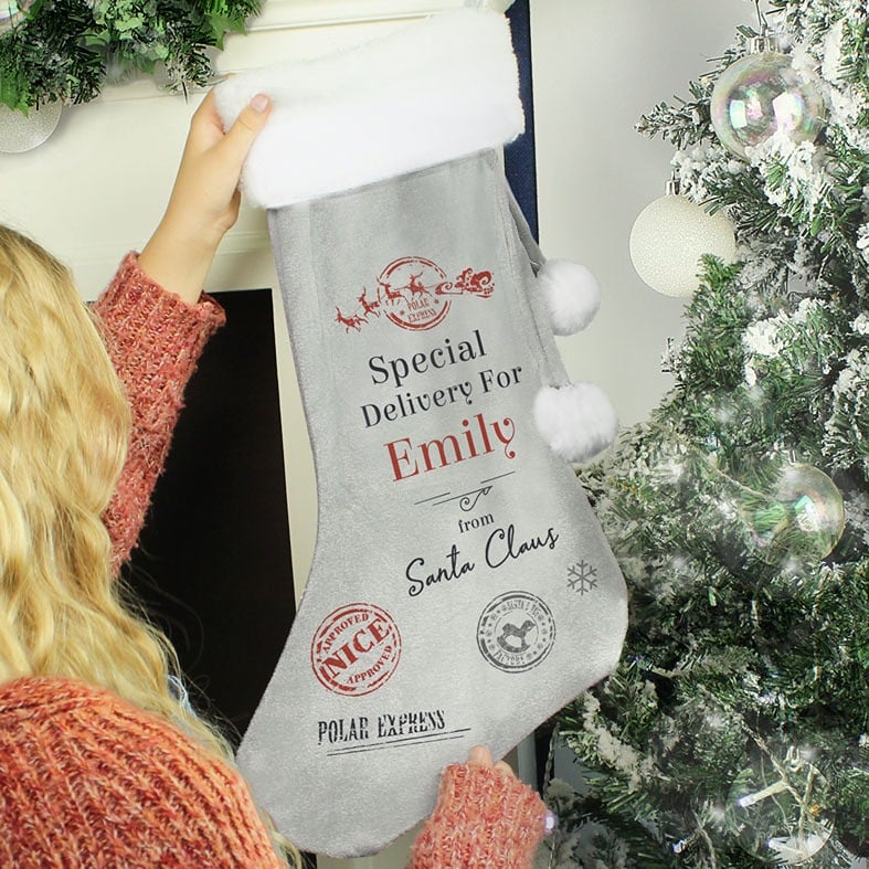 Personalised Special Delivery Grey Christmas Stocking â custom name soft grey fleece festive santa stocking for children