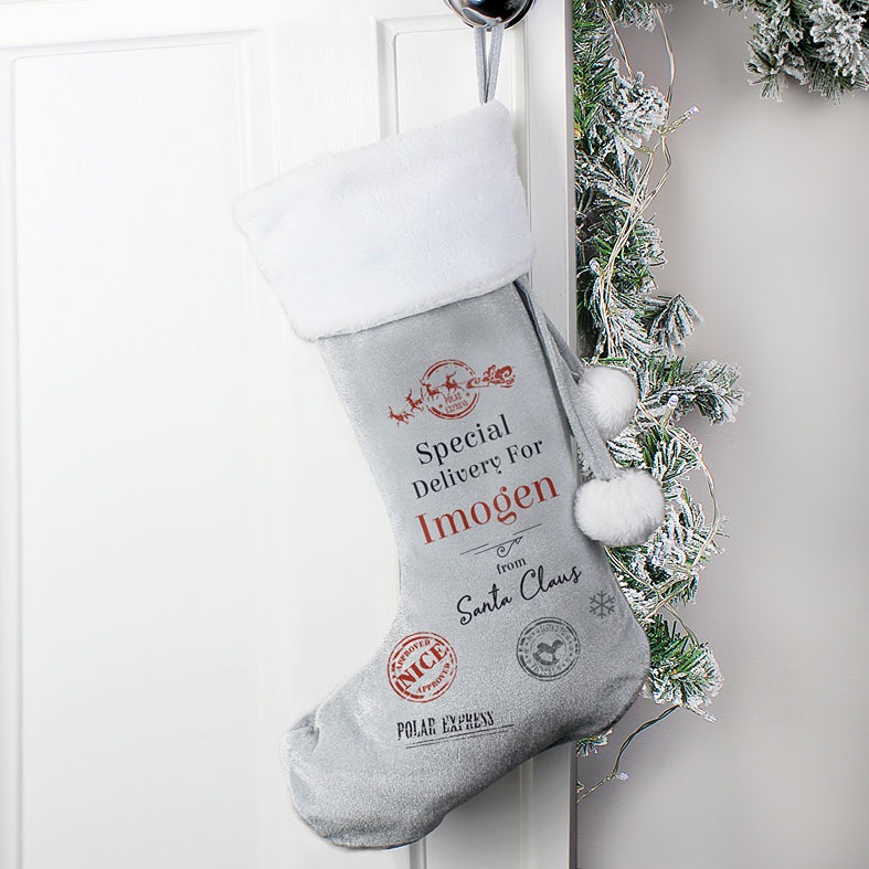 Personalised Special Delivery Christmas Stocking | soft grey Santa Stocking with fluffy white pompoms, traditional design personalised with your name