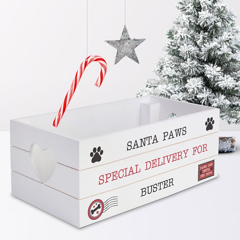 Personalised wooden Santa Paws Christmas Eve gift crate for pets â€“ festive storage crate for dog or cat treats and toys