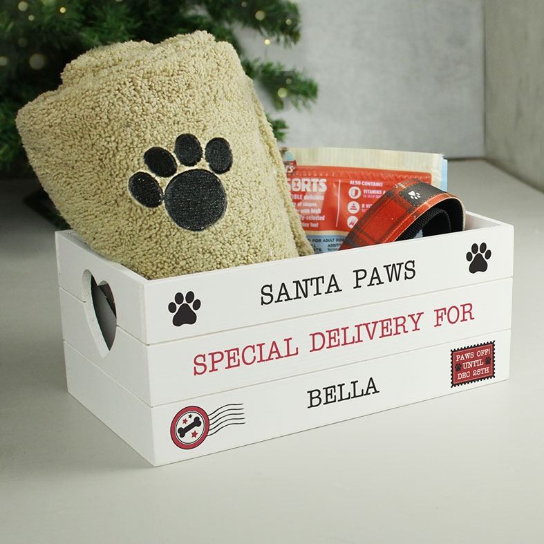 Personalised wooden Santa Paws Christmas Eve gift crate for pets â€“ festive storage crate for dog or cat treats and toys