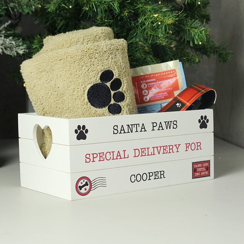 Personalised wooden Christmas Eve gift crate for pets â€“ personalised festive crate for dog or cat treats and toys