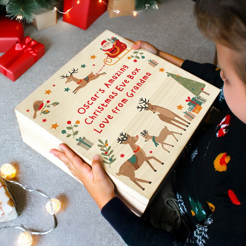 Personalised Wooden Reindeer Christmas Eve box with your name and wording â personalised keepsake gift for Santa gifts and festive treats
