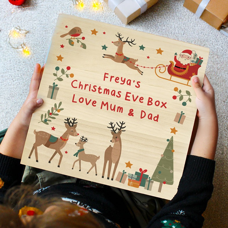 Personalised Wooden Reindeer Christmas Eve box with your name and wording â€“ personalised keepsake gift for Santa gifts and festive treats