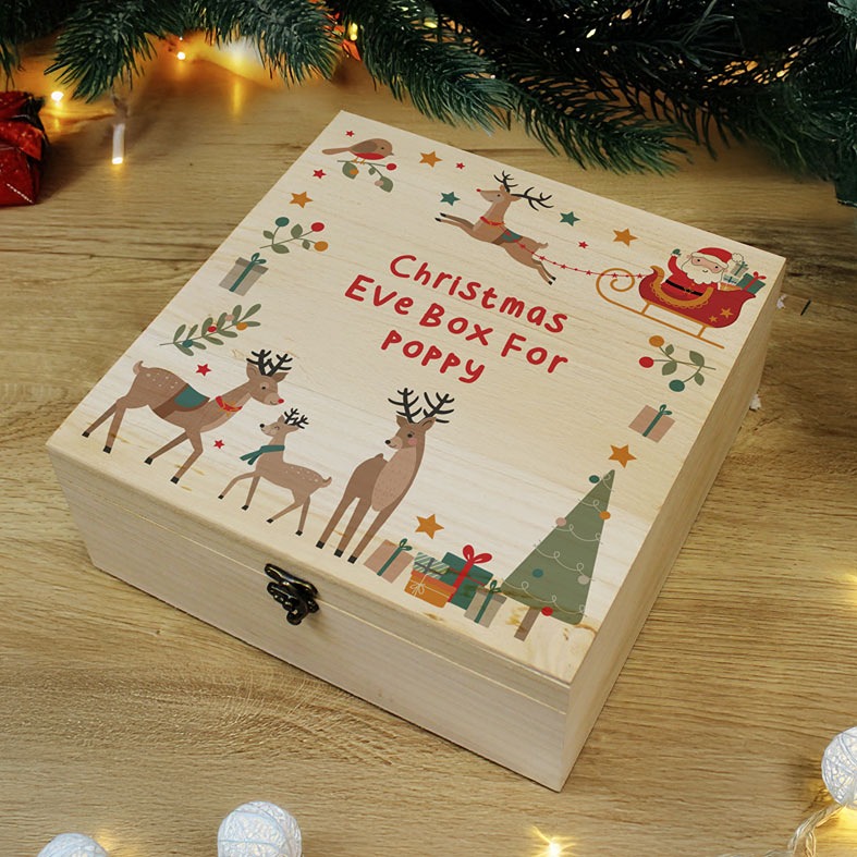 Personalised Wooden Reindeer Christmas Eve box with your name and wording â personalised keepsake gift for Santa gifts and festive treats