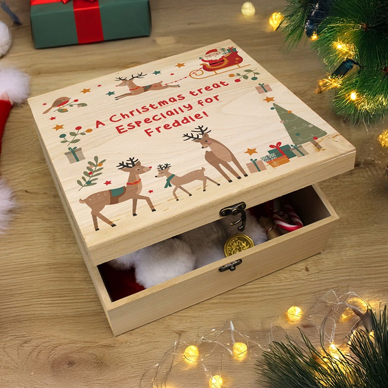 Personalised Wooden Reindeer Christmas Eve box with your name and wording â personalised keepsake gift for Santa gifts and festive treats