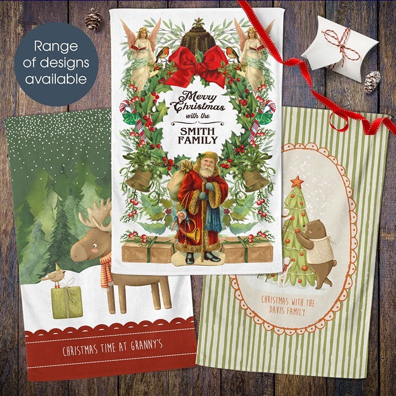 Personalised Christmas Tea Towels | 100pc cotton, range of festive designs and colours available