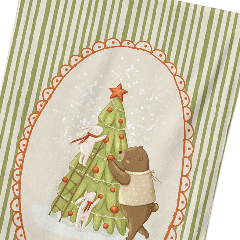 Personalised cotton Christmas Tree tea towel with festive green stripes and whimsical hand-drawn illustration